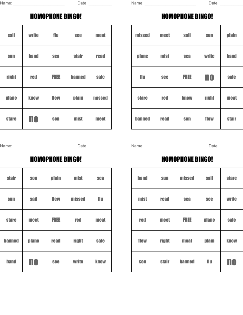 HOMOPHONE BINGO!