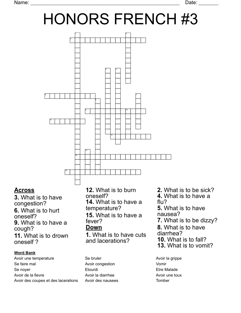 HONORS FRENCH #3 Crossword