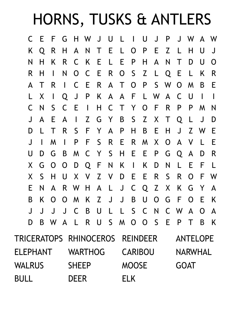 HORNS, TUSKS & ANTLERS Word Search