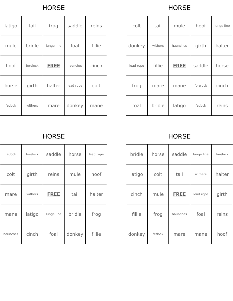 HORSE Bingo Cards