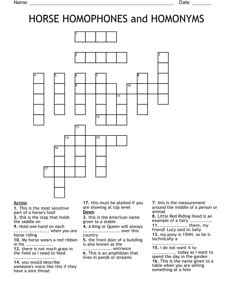 HORSE  HOMOPHONES  and  HOMONYMS Crossword