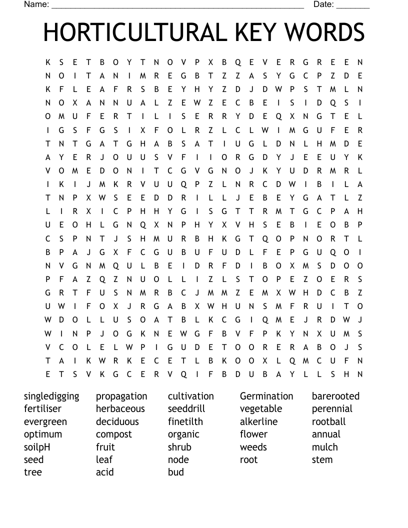 HORTICULTURAL KEY WORDS Word Search