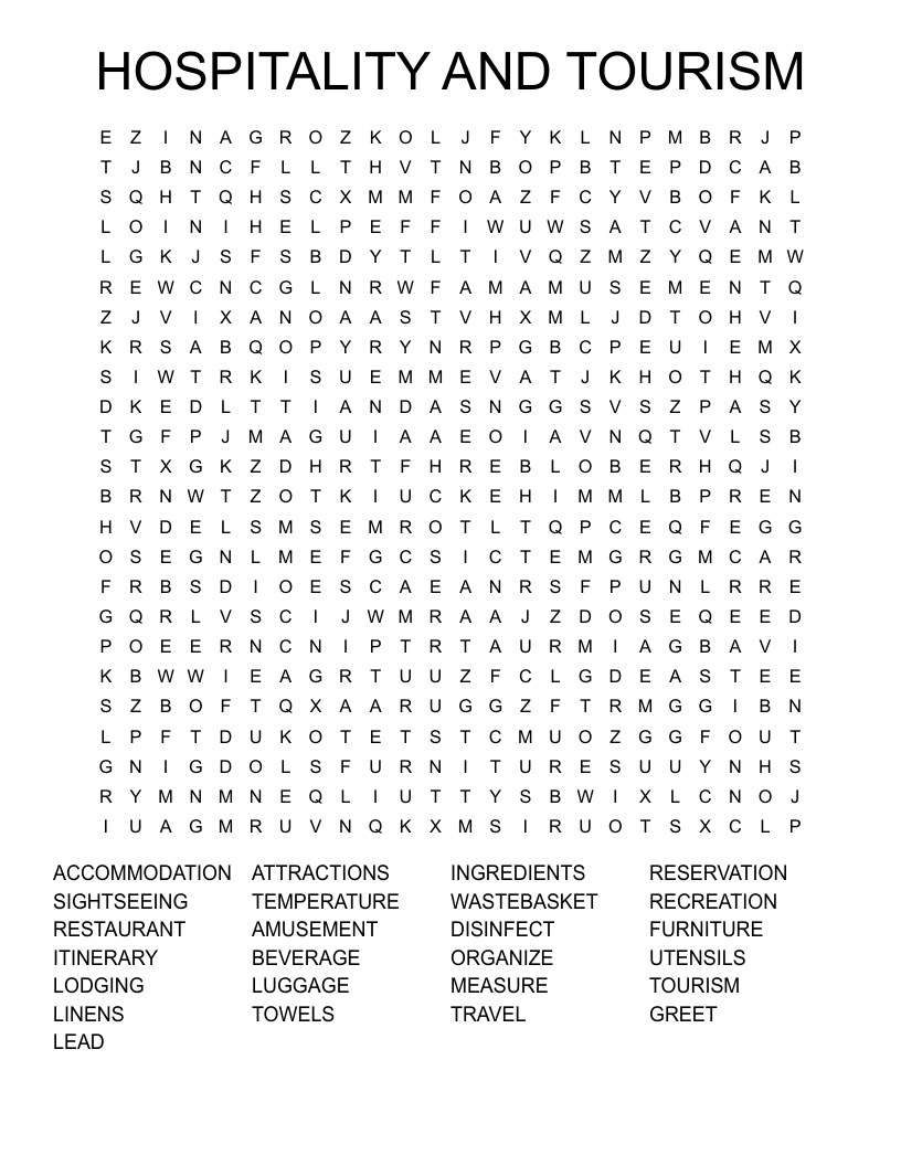HOSPITALITY AND TOURISM Word Search