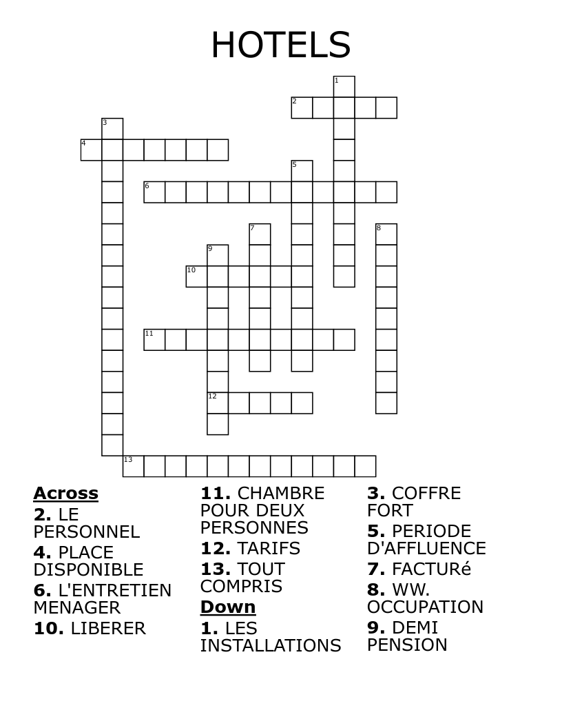 HOTELS Crossword