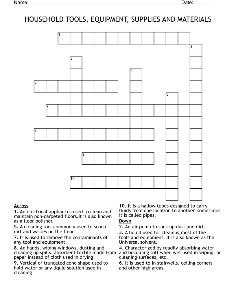 HOUSEHOLD TOOLS, EQUIPMENT, SUPPLIES AND MATERIALS Crossword