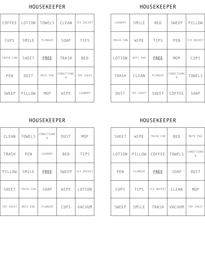 HOUSEKEEPER Bingo Cards