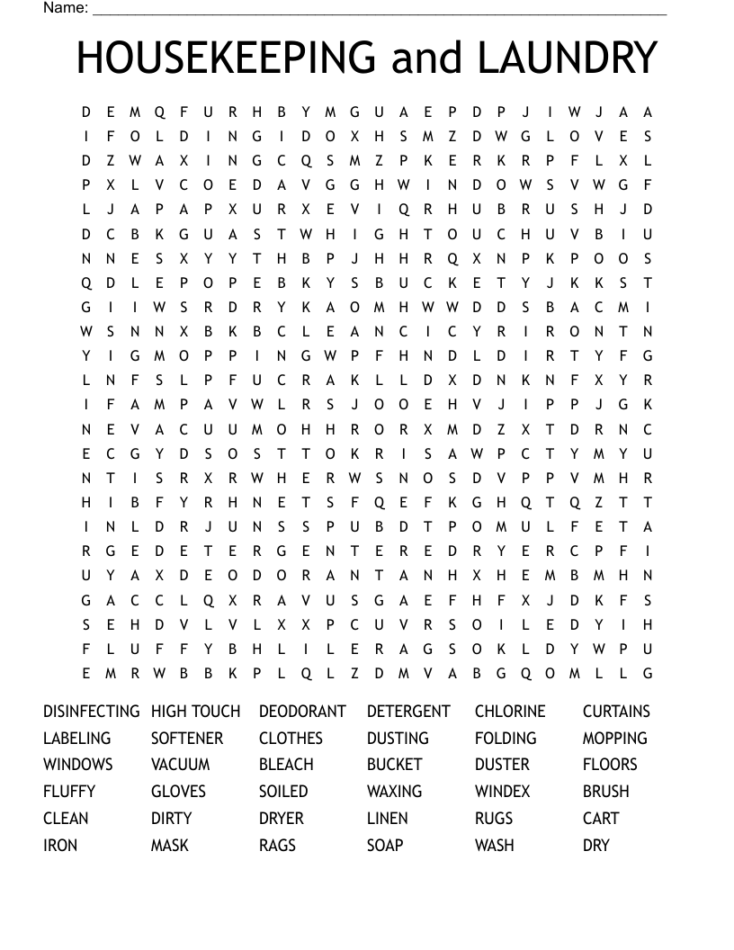 HOUSEKEEPING and LAUNDRY Word Search