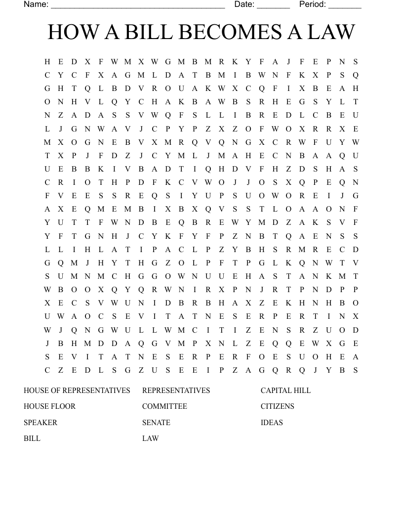 HOW A BILL BECOMES A LAW  Word Search