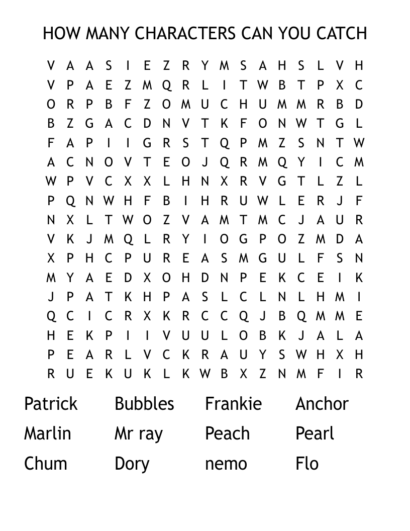 HOW MANY CHARACTERS CAN YOU CATCH Word Search