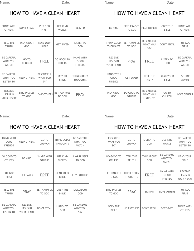 HOW TO HAVE A CLEAN HEART Bingo Cards