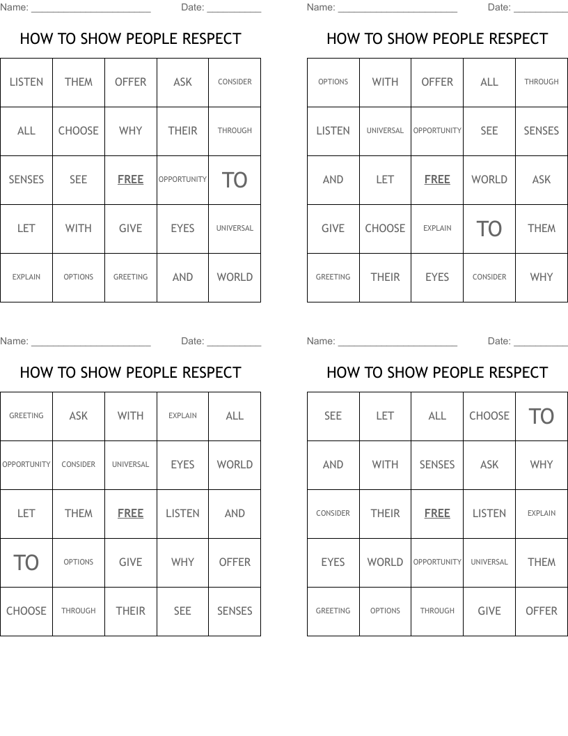 HOW TO SHOW PEOPLE RESPECT Bingo Cards