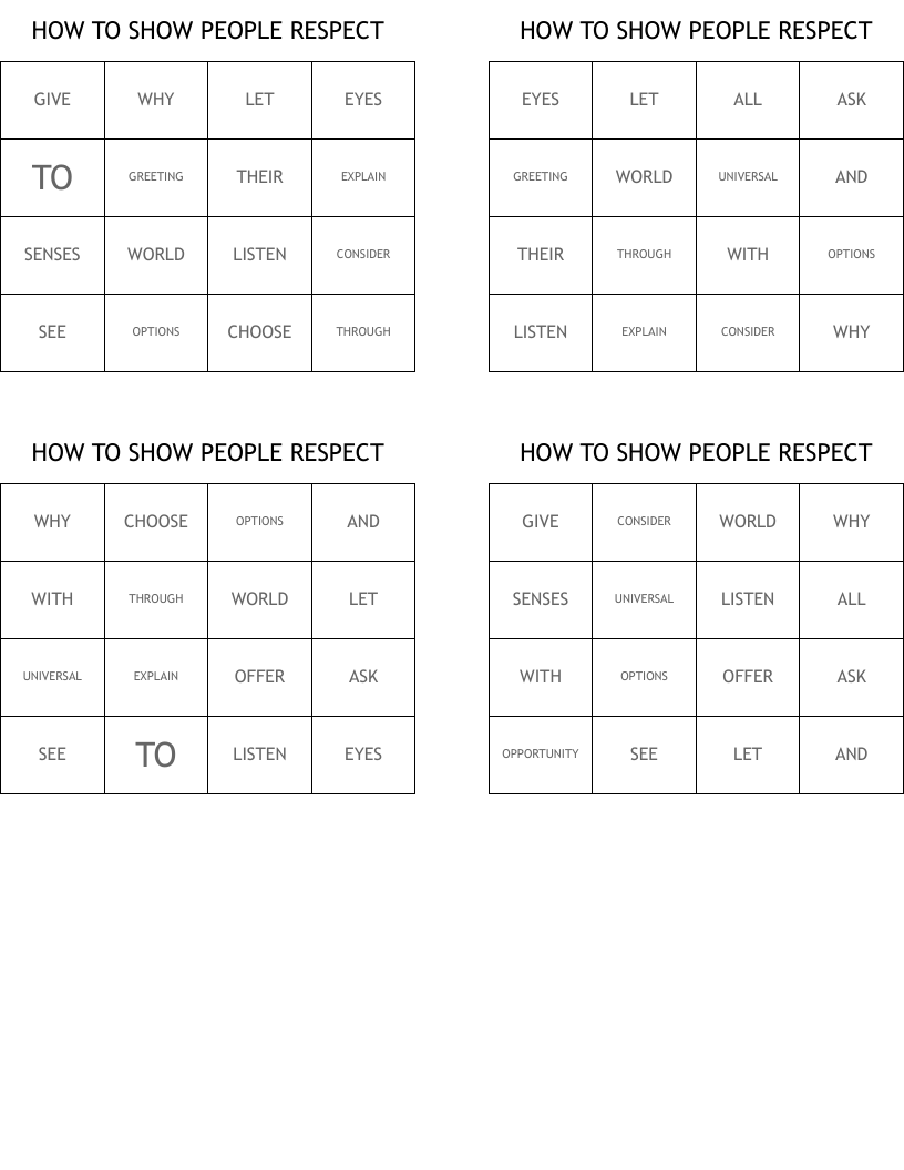 HOW TO SHOW PEOPLE RESPECT Bingo Cards