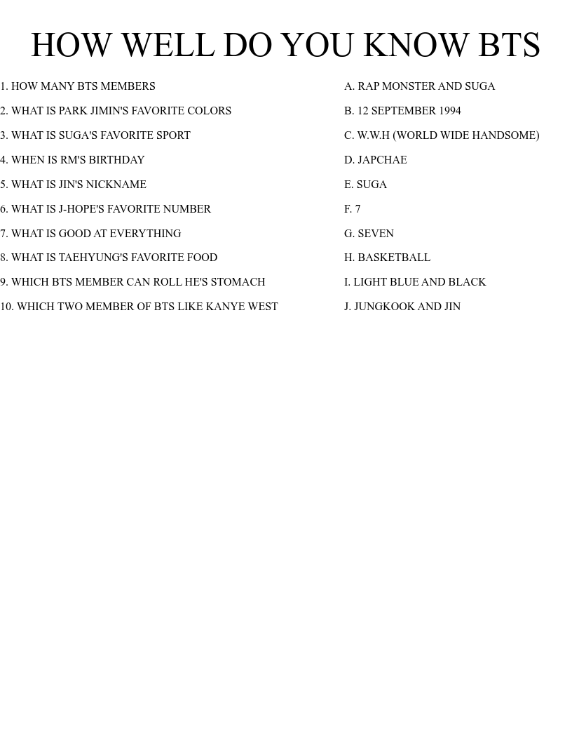 HOW WELL DO YOU KNOW BTS Worksheet