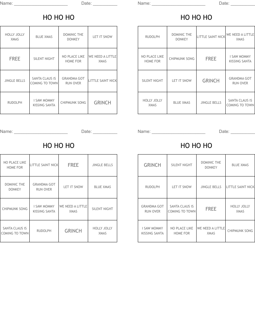 HO HO HO Bingo Cards