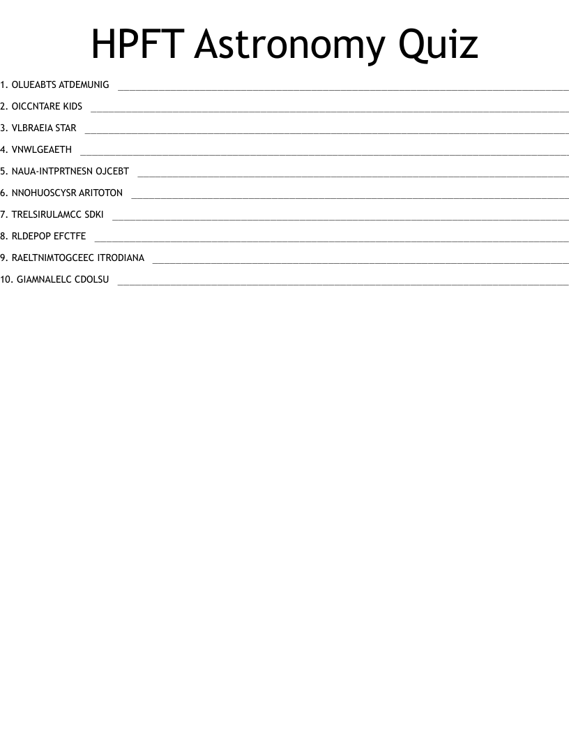 HPFT Astronomy Quiz Word Scramble