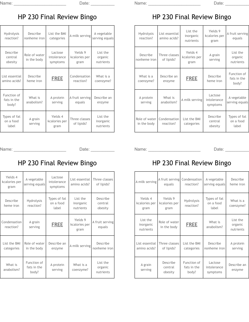 HP 230 Final Review Bingo