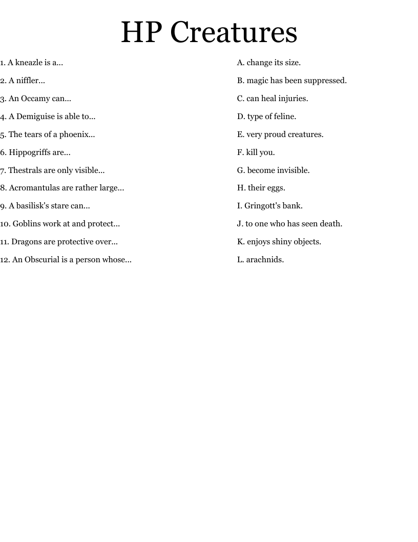 HP Creatures Worksheet