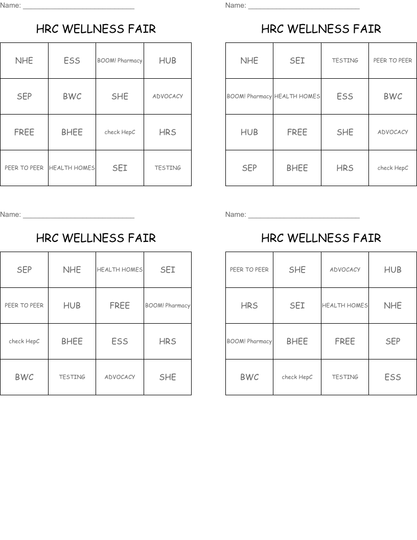 HRC WELLNESS FAIR Bingo Cards