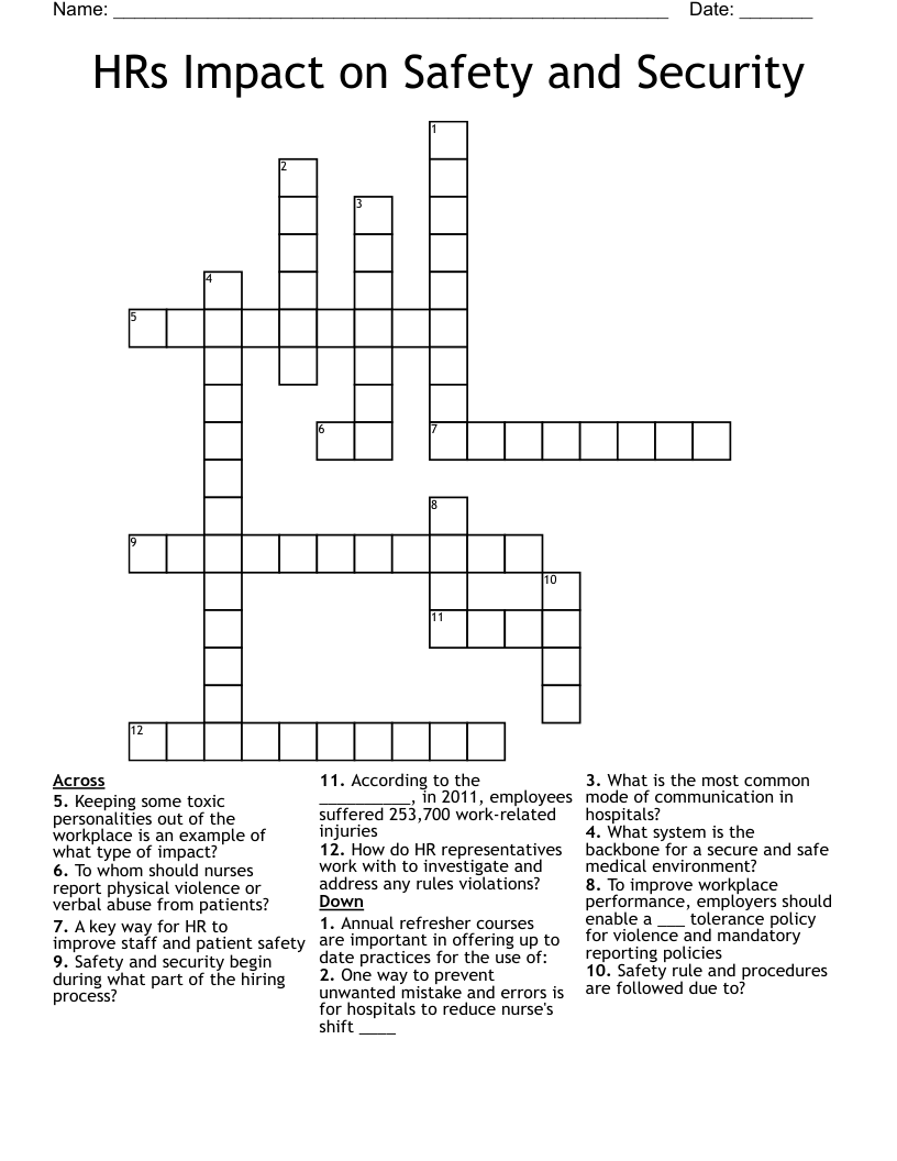 HRs Impact on Safety and Security Crossword