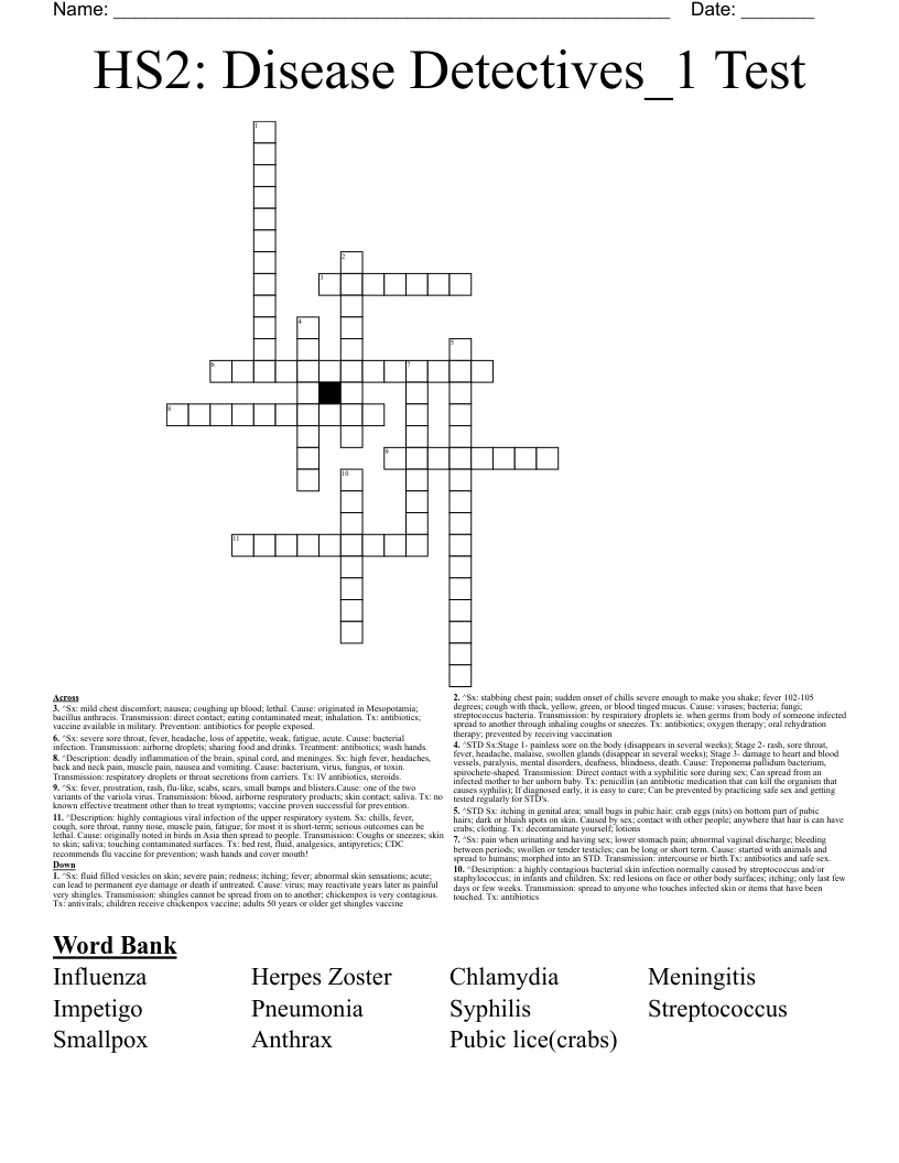 HS2: Disease Detectives_1 Test Crossword