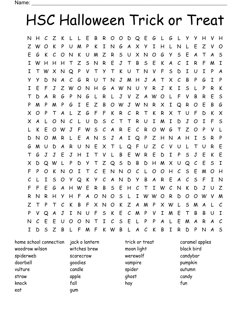 HSC Halloween Trick or Treat Word Search