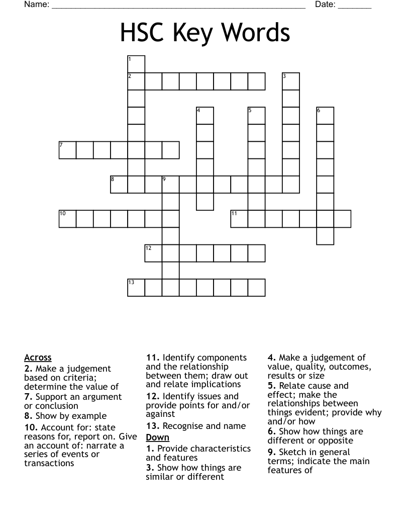 HSC Key Words Crossword