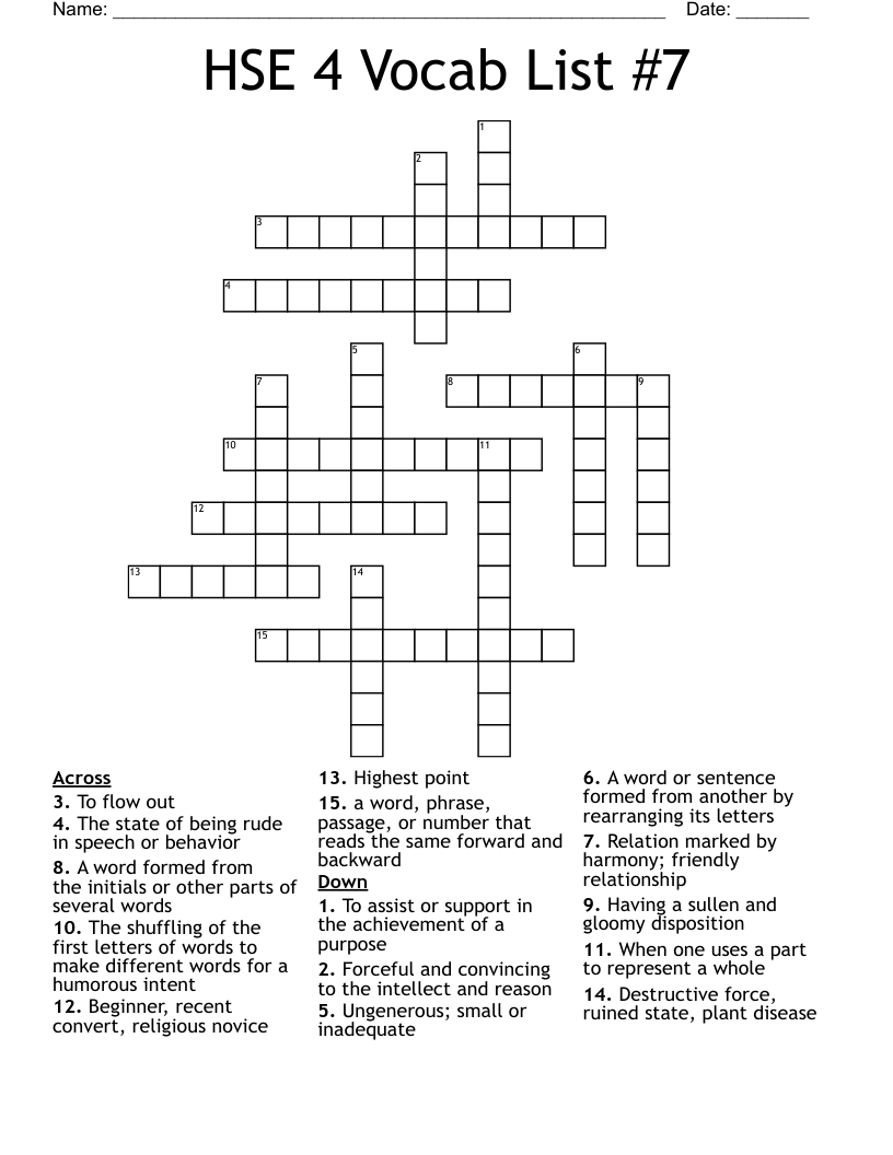 HSE 4 Vocab List #7 Crossword