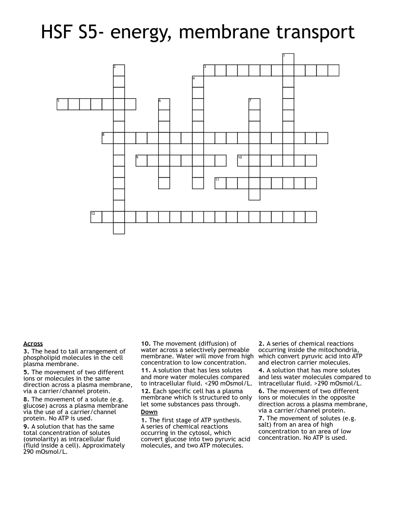 HSF S5- energy, membrane transport Crossword