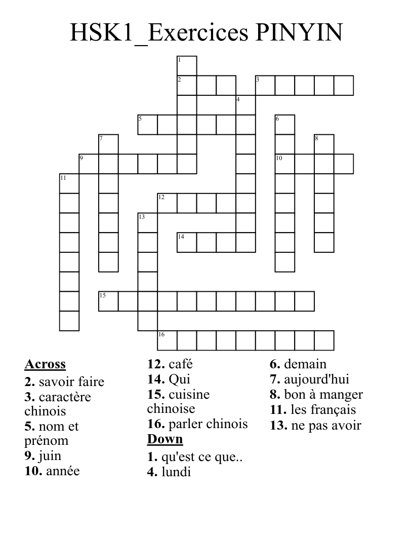 HSK1_Exercices PINYIN Crossword