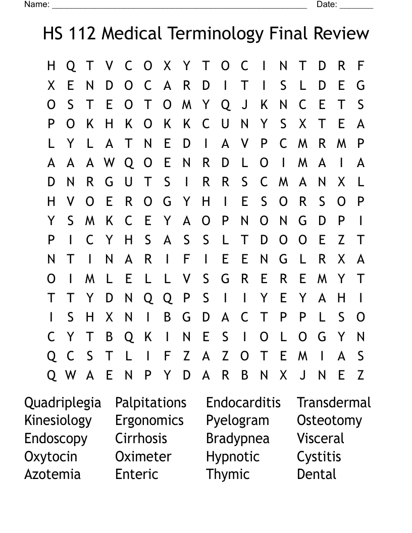 HS 112 Medical Terminology Final Review Word Search