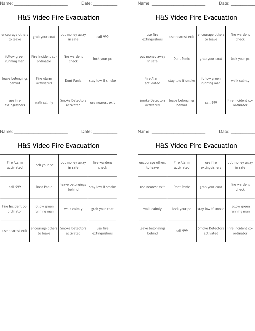H&S  Video Fire Evacuation  Bingo Cards