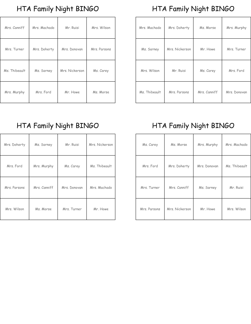 HTA Family Night BINGO