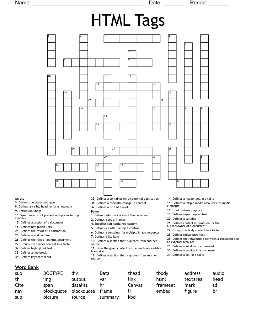 HTML Tags Crossword