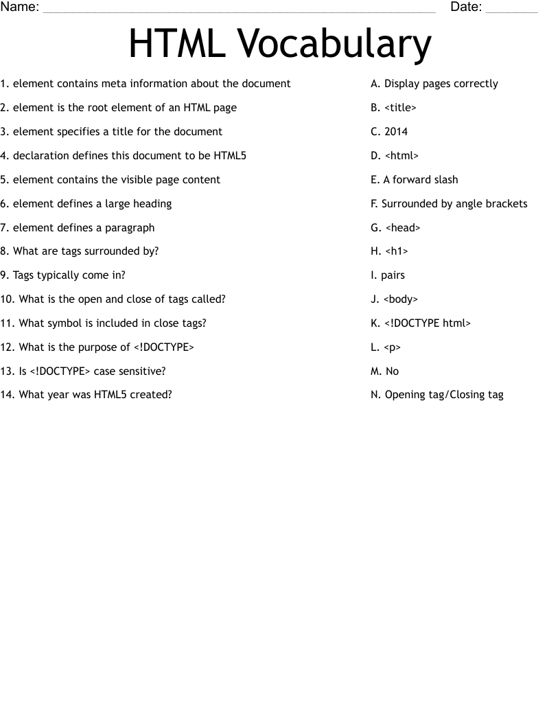HTML Vocabulary Worksheet
