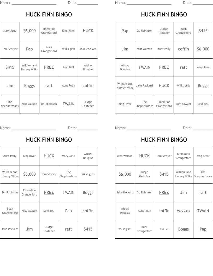 HUCK FINN BINGO