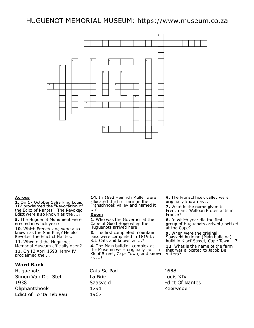 HUGUENOT MEMORIAL MUSEUM: https://www.museum.co.za Crossword