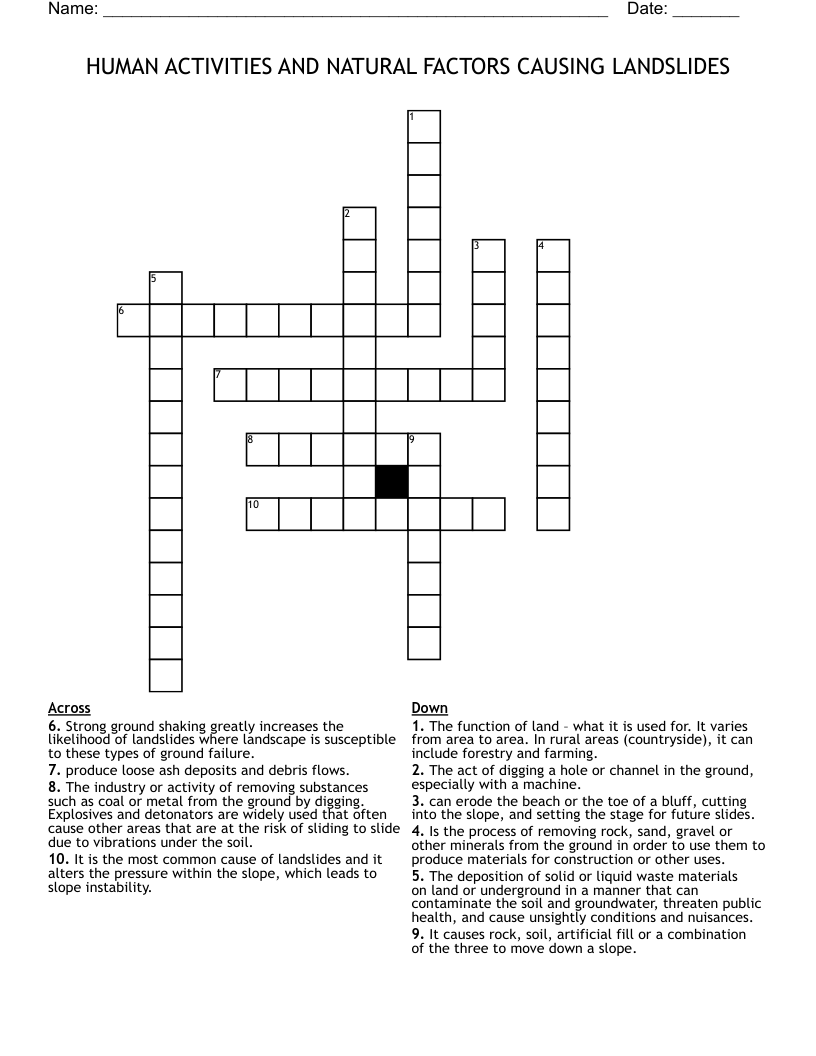 HUMAN ACTIVITIES AND NATURAL FACTORS CAUSING LANDSLIDES Crossword