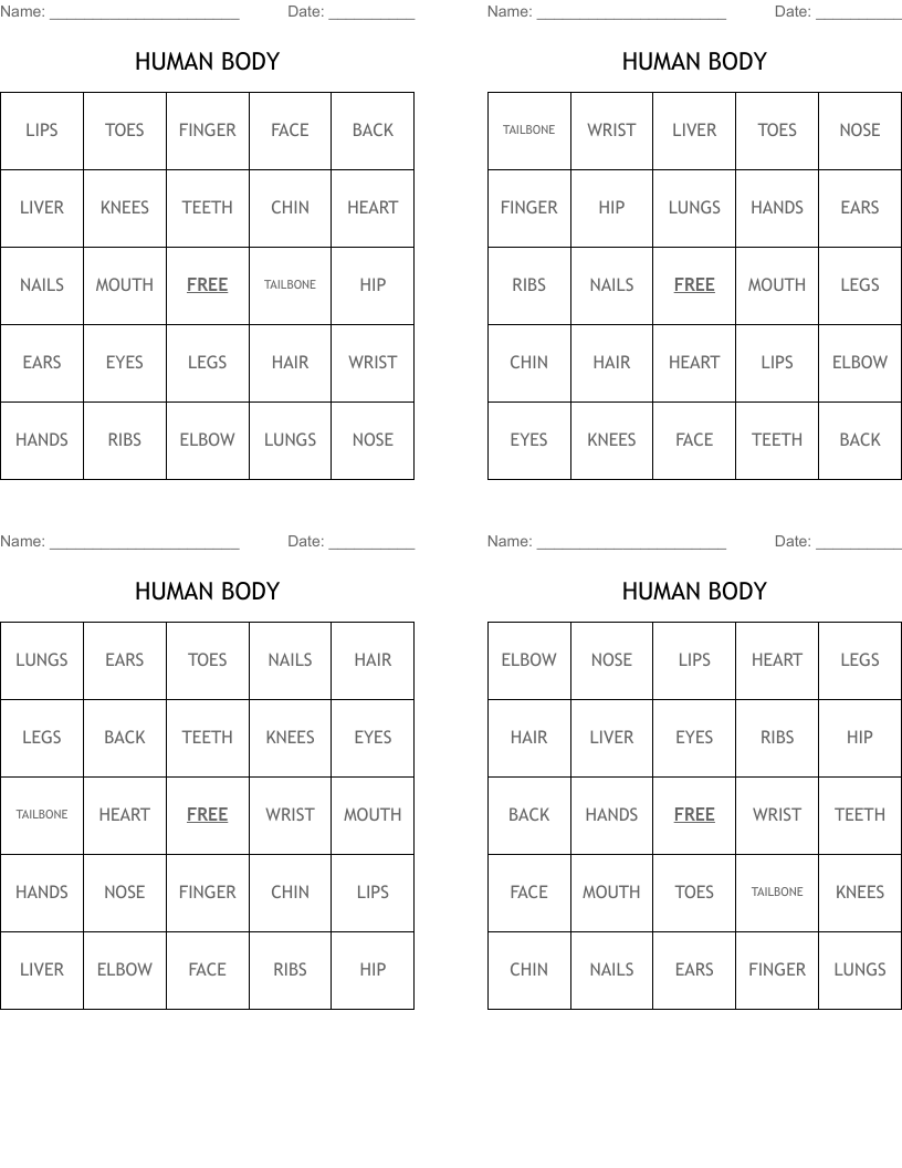 HUMAN BODY Bingo Cards