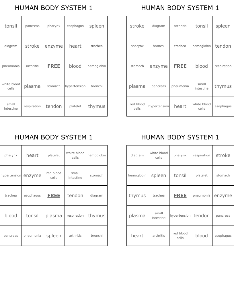 HUMAN BODY SYSTEM 1 Bingo Cards