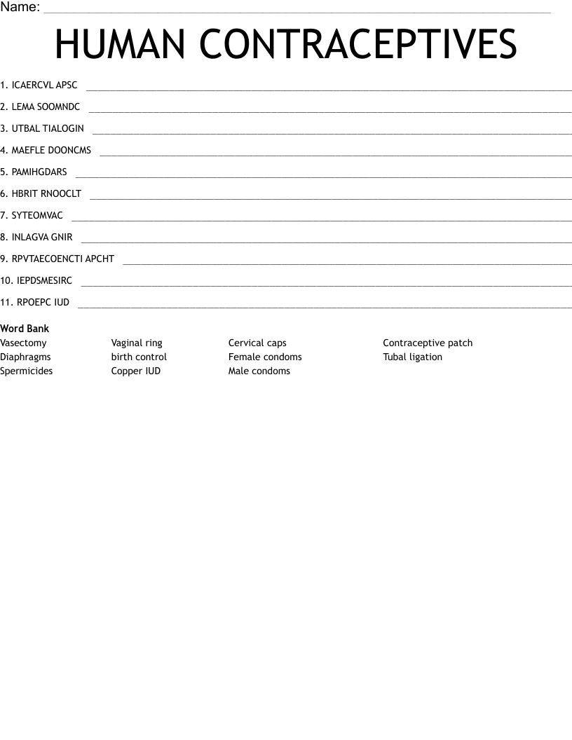 HUMAN CONTRACEPTIVES Word Scramble