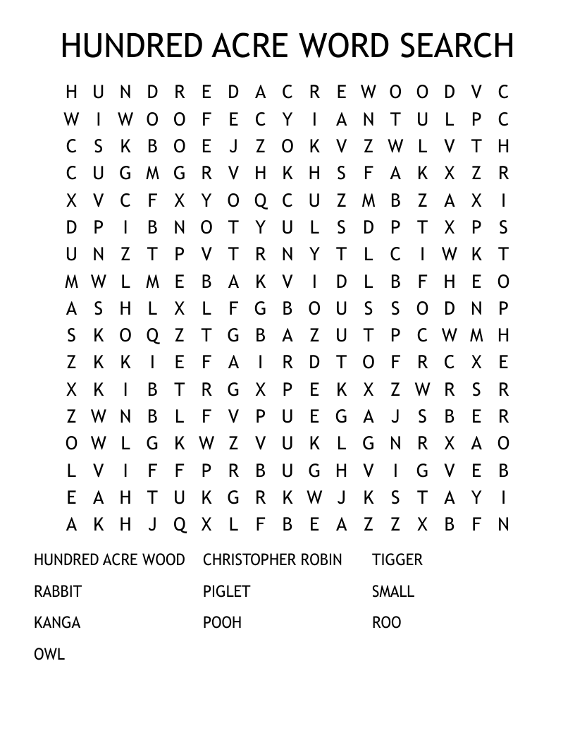 HUNDRED ACRE WORD SEARCH
