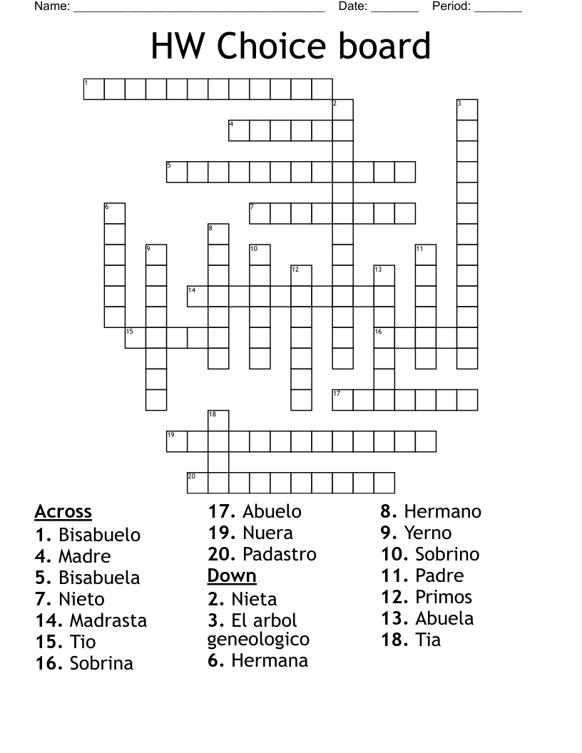 HW Choice board  Crossword