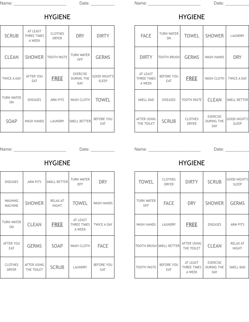HYGIENE Bingo Cards
