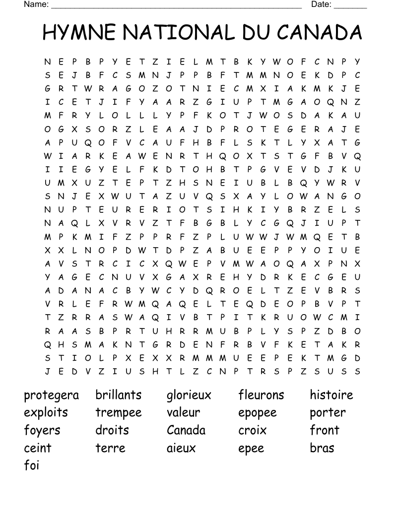 HYMNE NATIONAL DU CANADA Word Search