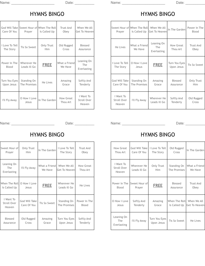 HYMNS BINGO