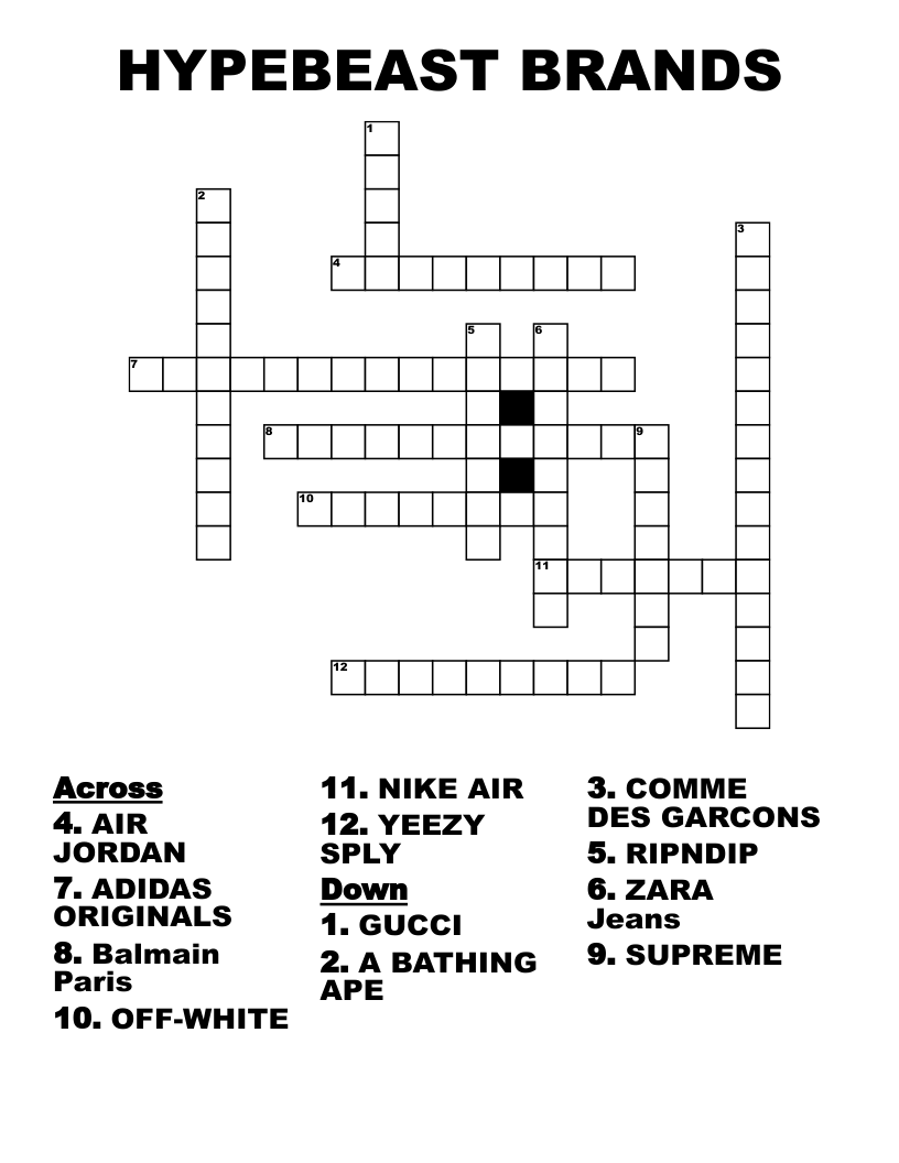 HYPEBEAST BRANDS Crossword