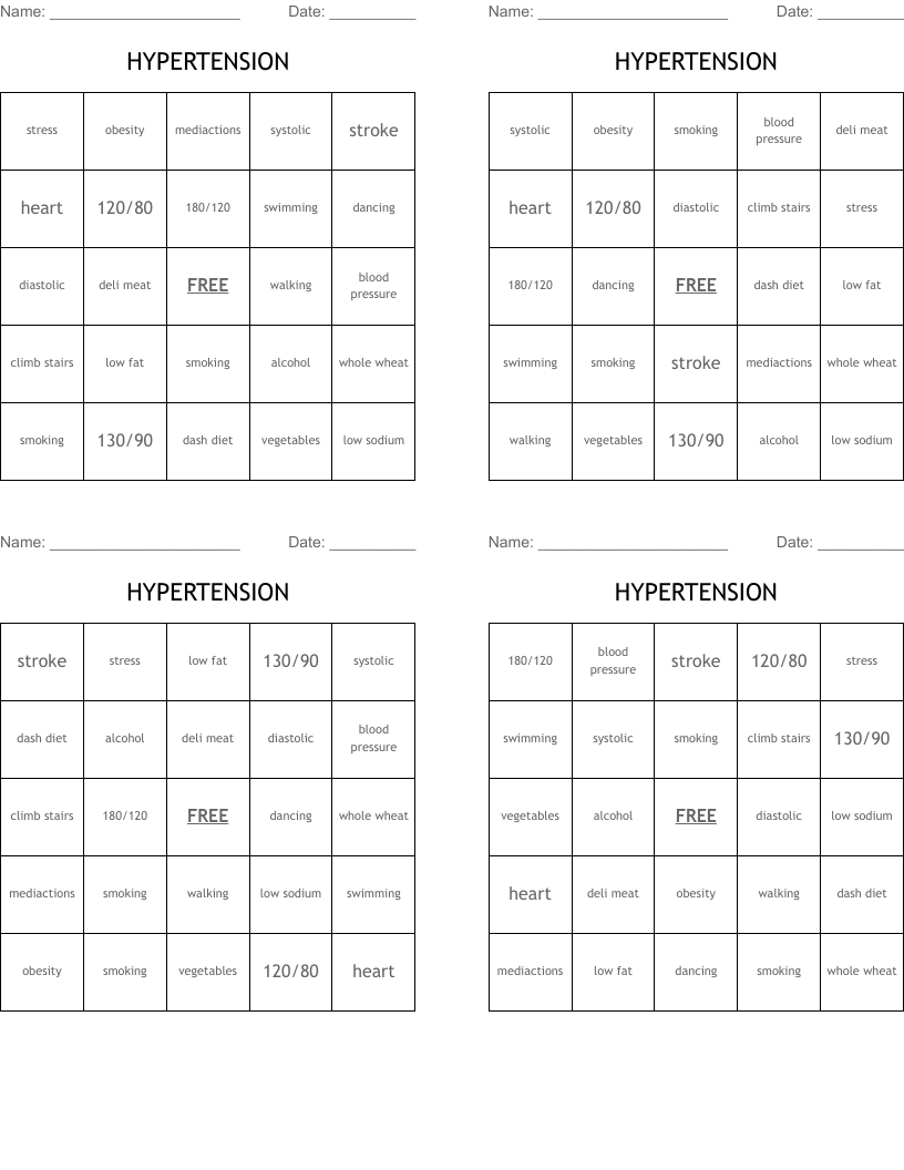HYPERTENSION Bingo Cards