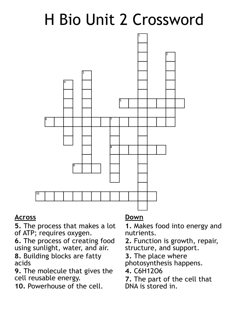H Bio Unit 2 Crossword