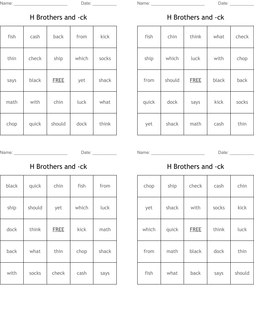 H Brothers and -ck Bingo Cards