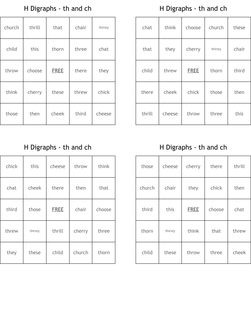 H Digraphs - th and ch Bingo Cards